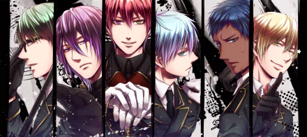 HD desktop wallpaper featuring characters Atsushi Murasakibara, Shintarō Midorima, Tetsuya Kuroko, Ryōta Kise, Daiki Aomine, and Seijūrō Akashi from the anime Kuroko's Basketball.