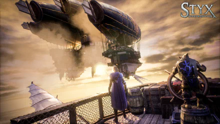 HD wallpaper of Styx: Shards of Darkness showing a character on a ship deck with a dirigible in the sky at sunset.