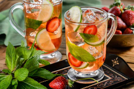 HD desktop wallpaper showing refreshing fruit drinks with ice cubes, fresh mint leaves, strawberries, and cucumber slices in clear glass mugs.