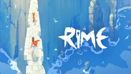 HD desktop wallpaper of RiME game, featuring a character on a stone bridge with the game's logo and a serene blue background.