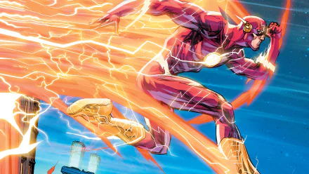 Comic-style HD PC desktop wallpaper/background: The Flash racing, red suit streaking yellow lightning across a city skyline, motion blur conveying super speed.