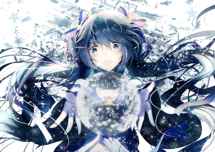 An HD desktop wallpaper featuring Hatsune Miku from Vocaloid, showcasing her with flowing long blue hair, blue eyes, and surrounded by intricate, sparkling designs.