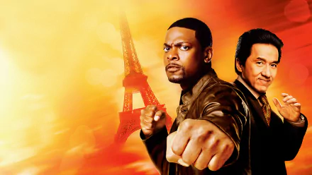 HD desktop wallpaper featuring Chris Tucker and Jackie Chan with the Eiffel Tower in the background, promoting the movie Rush Hour 3.