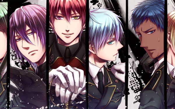 HD desktop wallpaper featuring characters Atsushi Murasakibara, Shintarō Midorima, Tetsuya Kuroko, Ryōta Kise, Daiki Aomine, and Seijūrō Akashi from the anime Kuroko's Basketball.