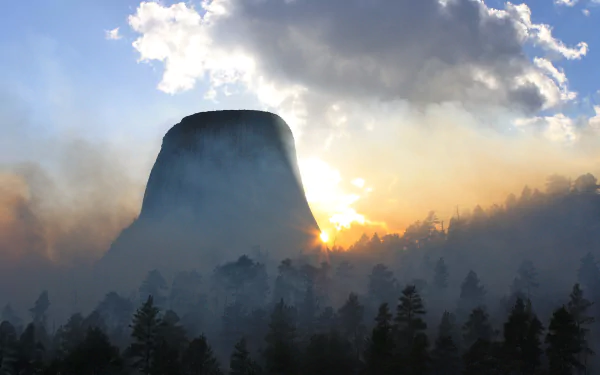 cloud sunrise fog tree nature Devils Tower HD Desktop Wallpaper | Background Image