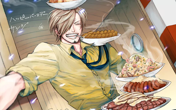 HD PC desktop wallpaper featuring Sanji from One Piece, anime style, grinning with multiple plates of food in hand inside a ship interior.