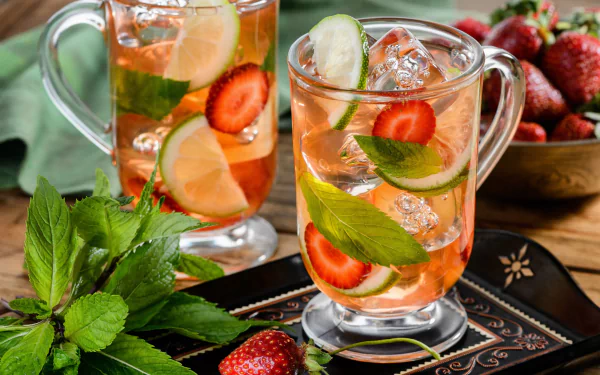 HD desktop wallpaper showing refreshing fruit drinks with ice cubes, fresh mint leaves, strawberries, and cucumber slices in clear glass mugs.