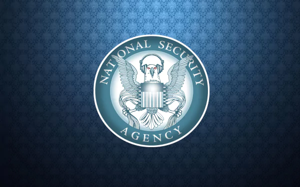 HD desktop wallpaper featuring the emblem of the National Security Agency (NSA) on a patterned blue background.