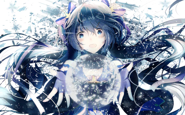 An HD desktop wallpaper featuring Hatsune Miku from Vocaloid, showcasing her with flowing long blue hair, blue eyes, and surrounded by intricate, sparkling designs.