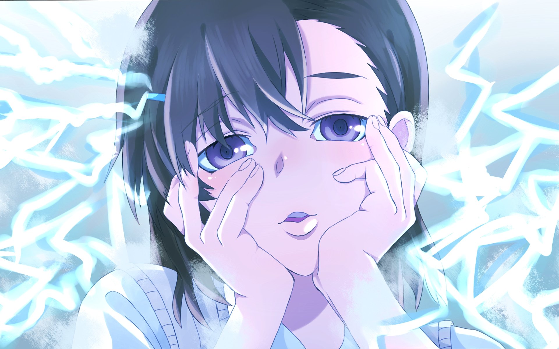 Close-up anime wallpaper of Mikoto Misaka in a Mirai Nikki parody: she gazes forward, hands on her face, electric sparks crackle — A Certain Scientific Railgun HD desktop background.