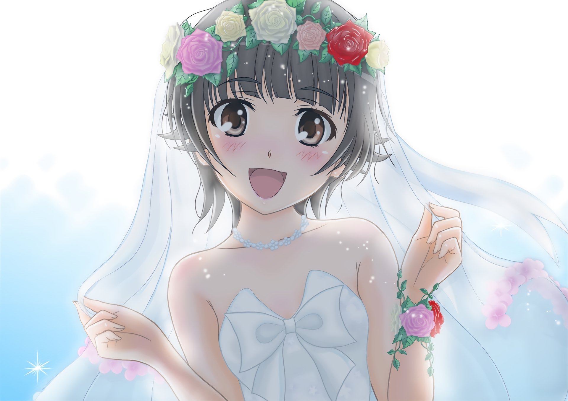 HD anime desktop wallpaper featuring Kazari Uiharu from A Certain Scientific Railgun, smiling brightly in a white dress with a floral crown and veil against a light sky background.