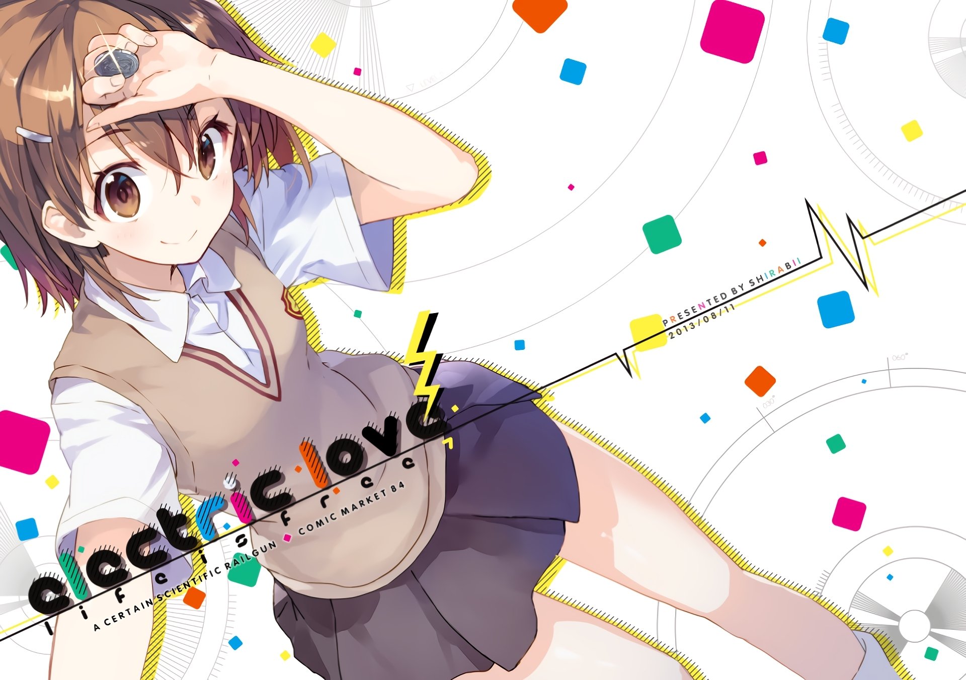 Mikoto Misaka from A Certain Scientific Railgun — anime HD PC desktop wallpaper/background: in school uniform shielding her eyes against a bright white backdrop with colorful confetti and geometric accents.
