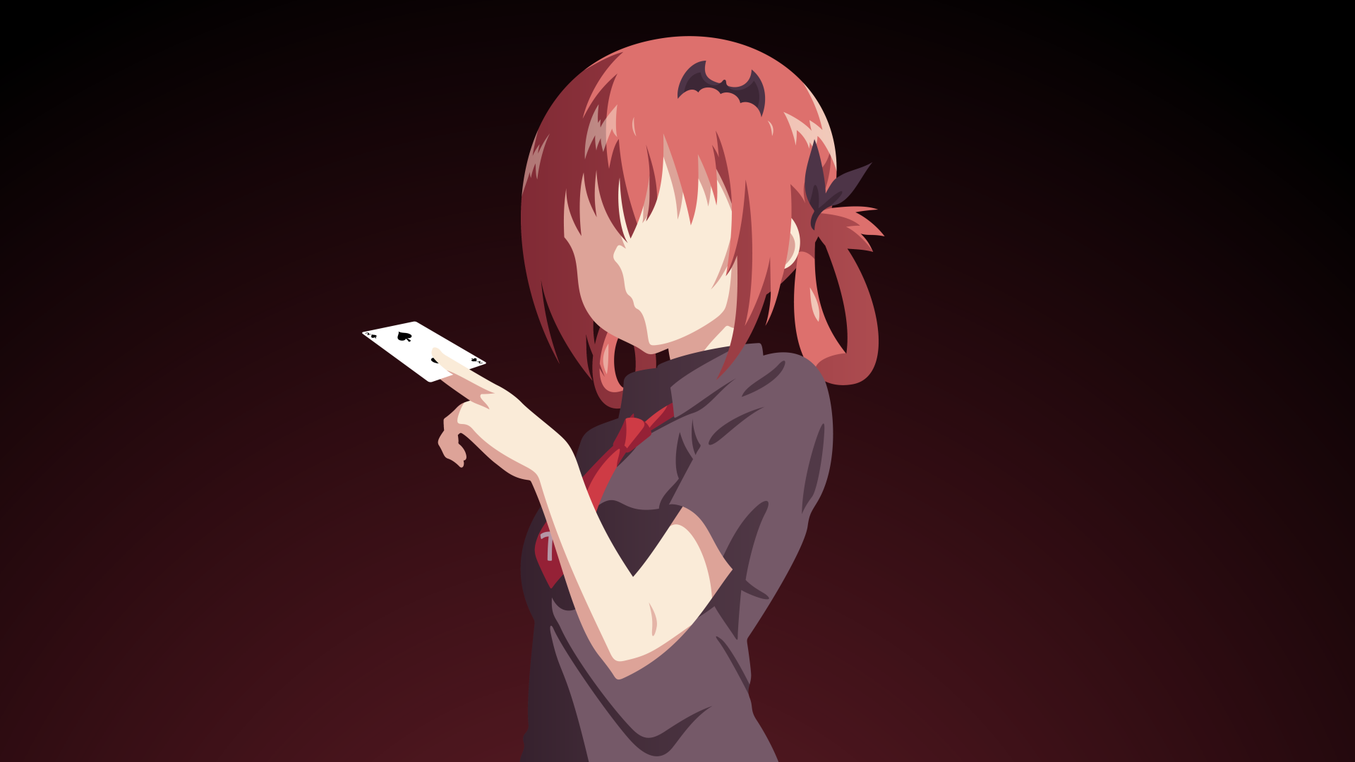 Satanichia Kurumizawa McDowell from the anime Gabriel DropOut in a minimalist 8K Ultra HD PC desktop wallpaper with a dark red background.