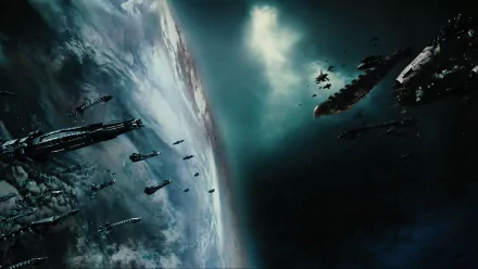 HD desktop wallpaper from the movie Serenity (2005), featuring a breathtaking space scene with numerous ships orbiting a distant planet.