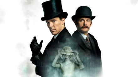 HD PC desktop wallpaper featuring Benedict Cumberbatch as Sherlock Holmes and a companion from the movie Sherlock: The Abominable Bride against a misty background.