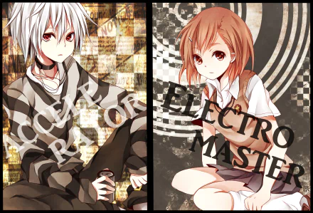 HD PC desktop wallpaper: anime art of Accelerator and Mikoto Misaka from A Certain Magical Index, side-by-side with gritty textures, checkerboard patterns and bold 'Electro Master' text.