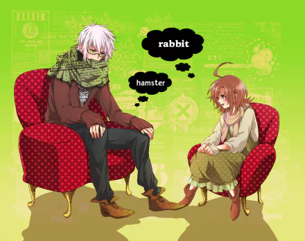 HD PC desktop wallpaper of Accelerator and Last Order from A Certain Magical Index anime: Accelerator in a scarf on a red armchair, Last Order on a matching chair, green backdrop with rabbit and hamster thought bubbles.