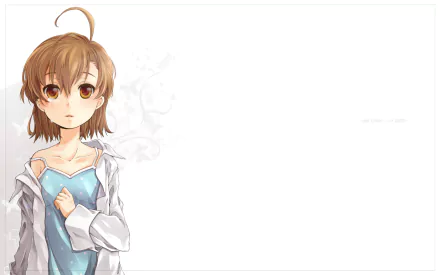 Last Order from A Certain Magical Index: HD anime desktop wallpaper showing a brown-haired girl in a blue dress and white jacket standing on a wide white background.