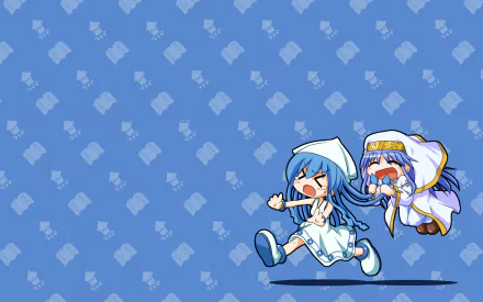 HD PC desktop wallpaper showing a chibi crossover of Ika Musume and Index Librorum Prohibitorum running and laughing on a blue patterned anime background.