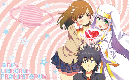 HD anime wallpaper featuring Kamijou Touma, Mikoto Misaka, and Index Librorum Prohibitorum in school uniforms with short brown hair and brown eyes from A Certain Magical Index.