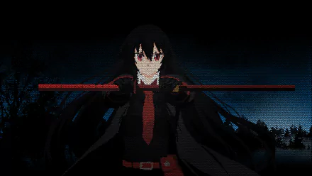 HD anime desktop wallpaper featuring Akame from Akame Ga Kill! holding a sword with a dark, glitchy effect against a night sky background.