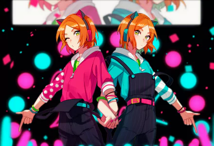 HD PC desktop wallpaper featuring Yuta Aoi and Hinata Aoi from the video game Ensemble Stars!, showing the twin characters holding hands against a vibrant, colorful background.