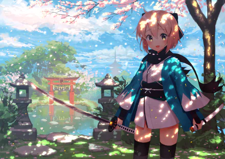 Anime-style HD PC desktop wallpaper from Fate/KOHA-ACE featuring a character with a sword standing under cherry blossoms near a traditional Japanese torii gate.