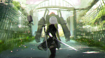 HD wallpaper featuring YoRHa No.2 Type B from the video game NieR: Automata, illustrating an intense scene with the character holding weapons and facing a large robot in a lush, nature-filled environment.