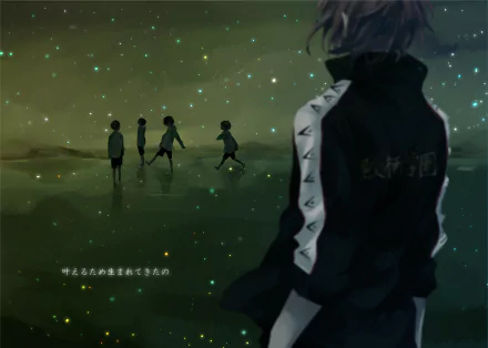 HD anime wallpaper featuring Makoto Tachibana, Haruka Nanase, Rin Matsuoka, and Nagisa Hazuki from Free! in a starry, reflective scene.