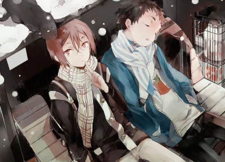 HD anime wallpaper featuring Sosuke Yamazaki and Rin Matsuoka from Free!, both resting on a bench in scarves amidst a cozy indoor setting.
