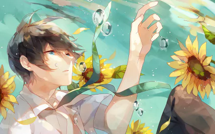 HD PC desktop wallpaper featuring Haruka Nanase from the anime Free!, surrounded by sunflowers and floating bubbles in a serene, aquatic-inspired setting.