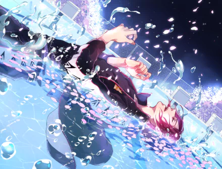 HD desktop wallpaper featuring Rin Matsuoka from the anime Free!, depicting him lying in a pool under a night sky with cherry blossoms gently falling around.