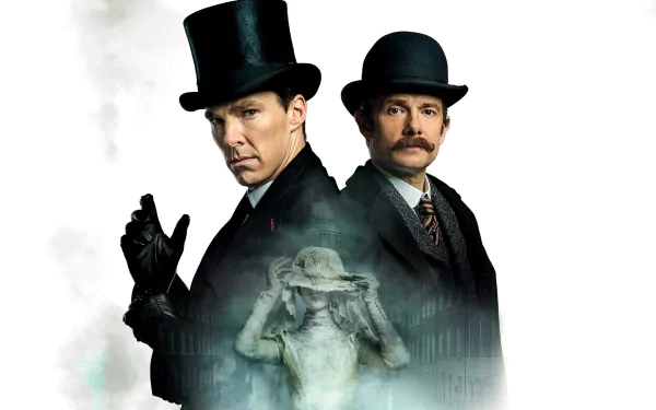HD PC desktop wallpaper featuring Benedict Cumberbatch as Sherlock Holmes and a companion from the movie Sherlock: The Abominable Bride against a misty background.