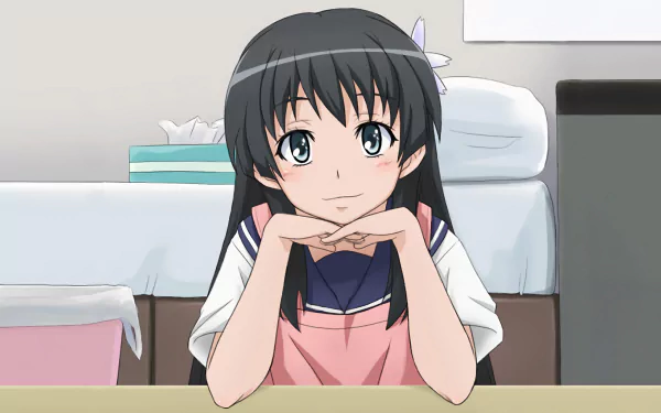 HD PC desktop wallpaper featuring Ruiko Saten from the anime A Certain Scientific Railgun, depicted with a gentle smile resting her chin on her hands.