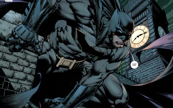 Comic-styled HD desktop wallpaper featuring Batman crouched on a rooftop with a clock tower in the background.