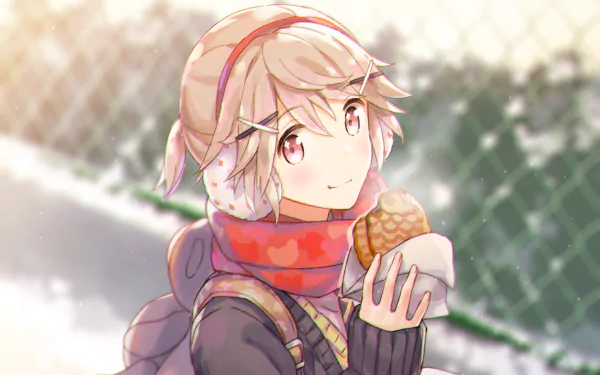 HD anime desktop wallpaper featuring Kojuurou Shuri from Masamune-kun's Revenge enjoying a snack outdoors with soft sunlight and a blurred fence background.