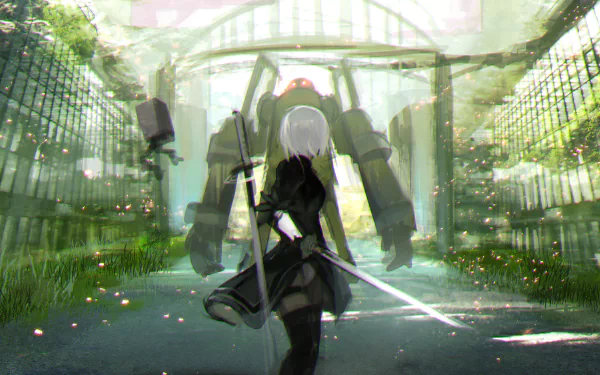 HD wallpaper featuring YoRHa No.2 Type B from the video game NieR: Automata, illustrating an intense scene with the character holding weapons and facing a large robot in a lush, nature-filled environment.