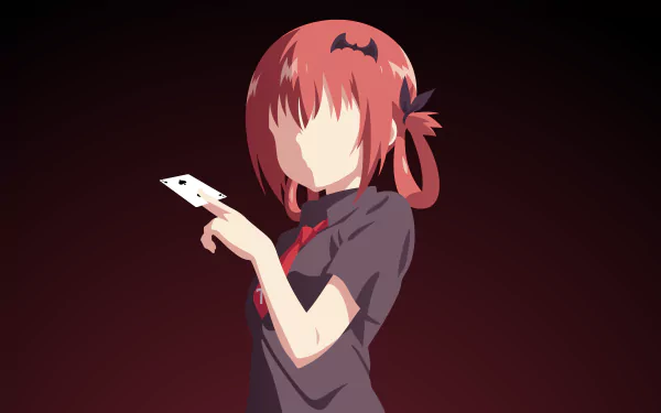 Satanichia Kurumizawa McDowell from the anime Gabriel DropOut in a minimalist 8K Ultra HD PC desktop wallpaper with a dark red background.