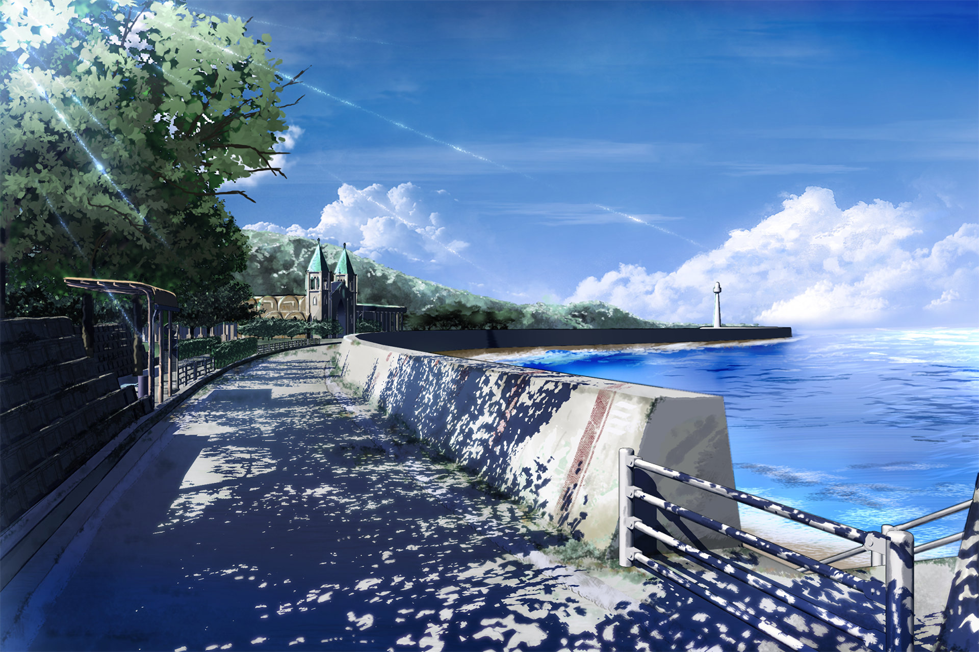 HD anime wallpaper featuring an original seaside landscape with a calm path next to a wall, trees casting shadows, and a distant lighthouse under a vibrant blue sky with fluffy clouds.