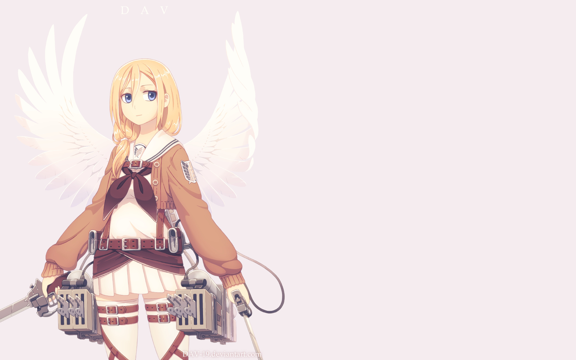 HD anime desktop wallpaper featuring Historia Reiss from Attack on Titan with white angel wings and maneuver gear on a pale background.