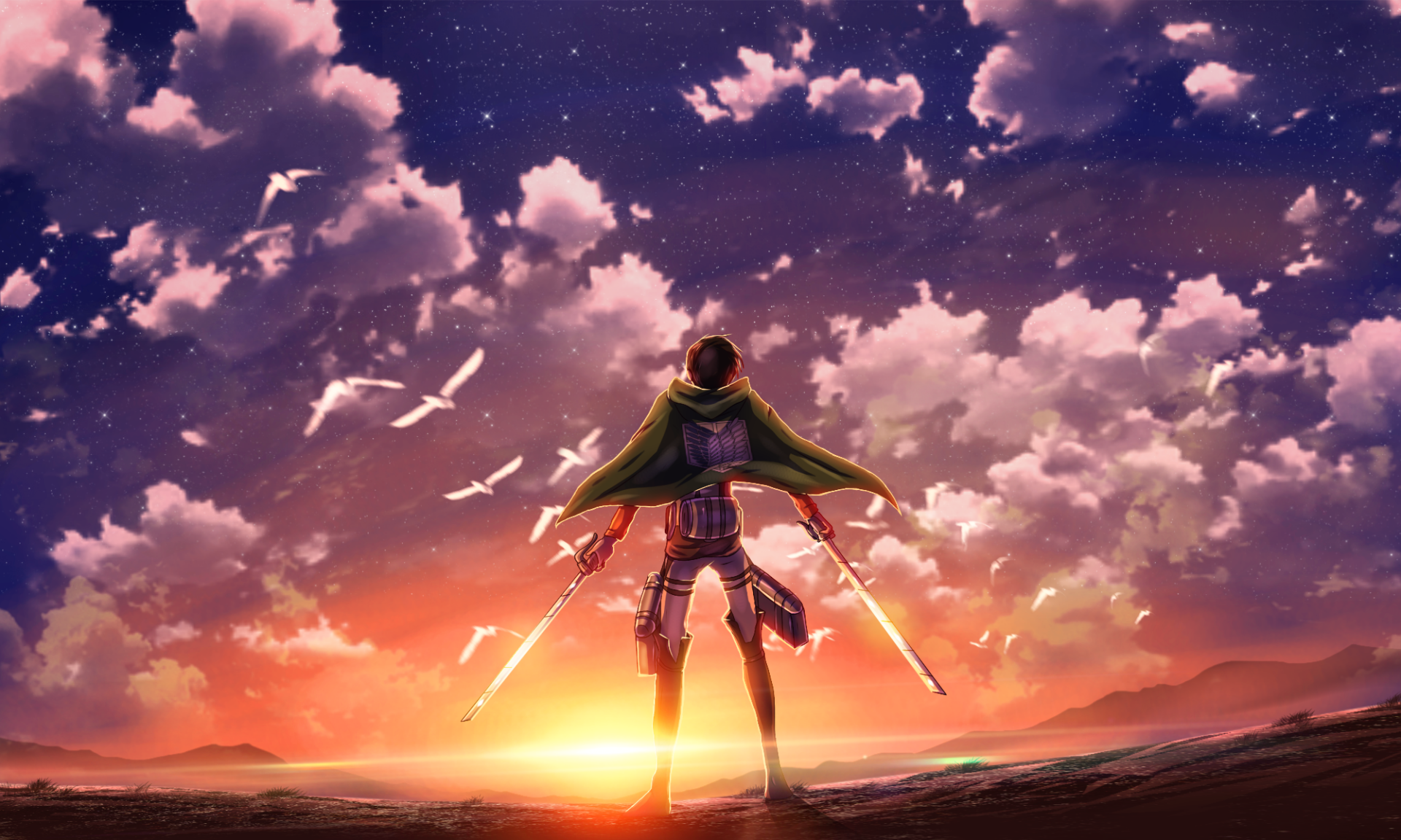 Eren Yeager from Attack on Titan stands with swords drawn against a vibrant sunset sky filled with clouds and birds in this HD anime desktop wallpaper.