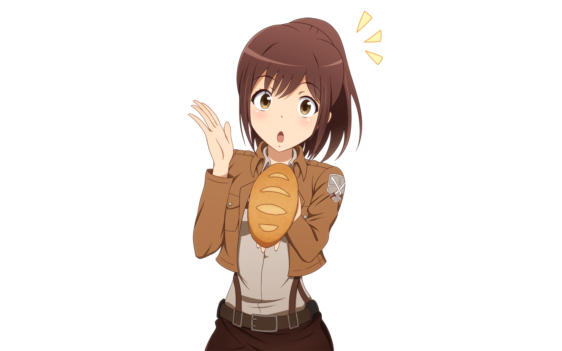 Anime HD PC desktop wallpaper featuring Sasha Blouse from Attack on Titan holding bread with a surprised expression.