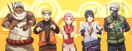 HD wallpaper featuring Killer Bee, Naruto Uzumaki, Sakura Haruno, and Sasuke Uchiha from the anime Naruto, striking playful poses against a vibrant yellow background.