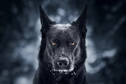 A German Shepherd with a focused stare stands against a snowy backdrop in this HD desktop wallpaper and background, with snowflakes dotting its muzzle.