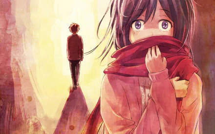 A HD desktop wallpaper featuring Eren Yeager and Mikasa Ackerman from the anime Attack on Titan. Eren is walking away in the background, while Mikasa is in the foreground holding her red scarf.