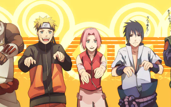HD wallpaper featuring Killer Bee, Naruto Uzumaki, Sakura Haruno, and Sasuke Uchiha from the anime Naruto, striking playful poses against a vibrant yellow background.