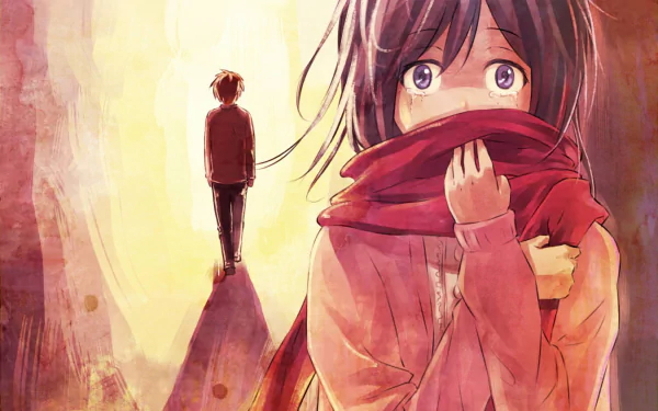 A HD desktop wallpaper featuring Eren Yeager and Mikasa Ackerman from the anime Attack on Titan. Eren is walking away in the background, while Mikasa is in the foreground holding her red scarf.