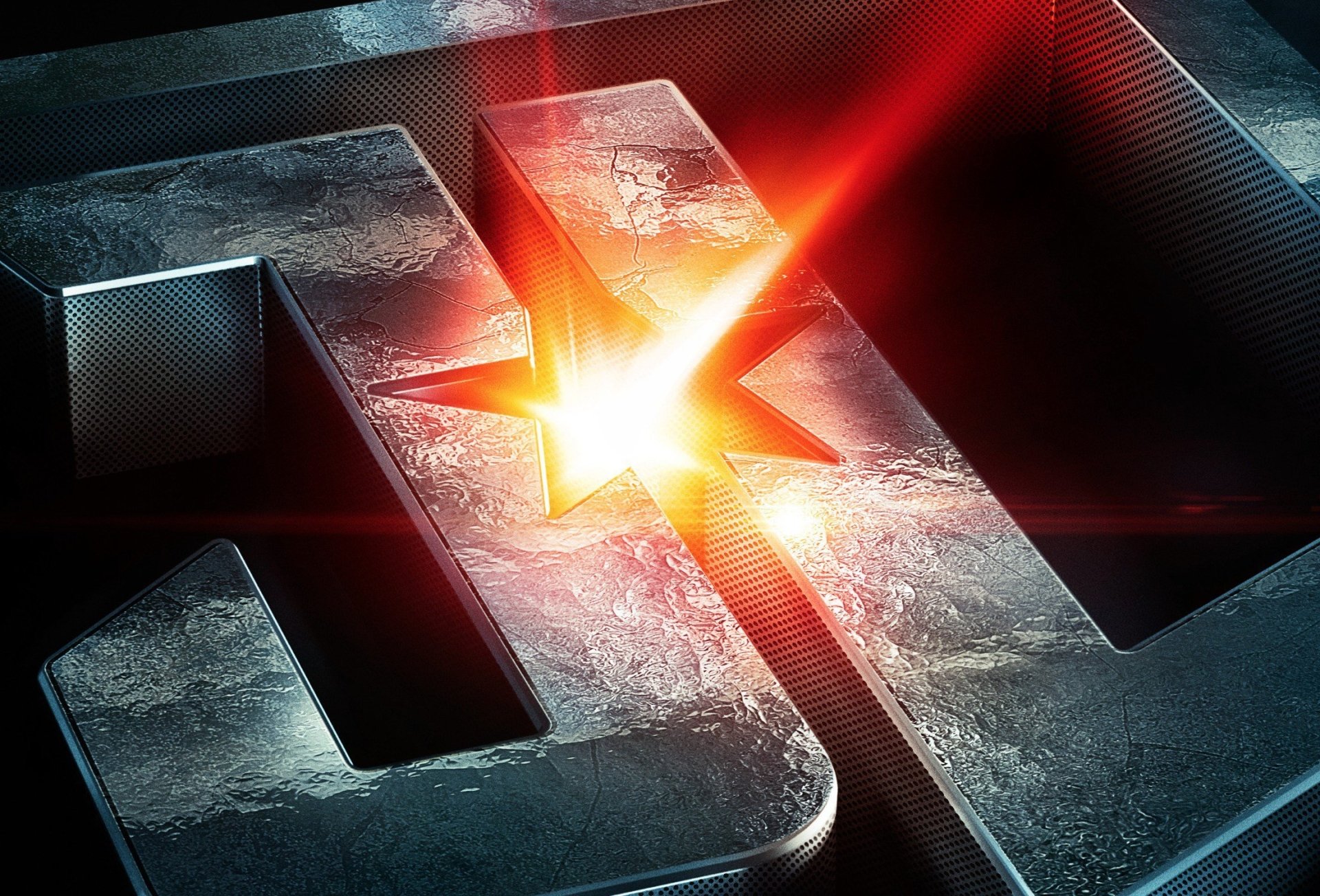HD PC desktop wallpaper featuring the Justice League movie logo with a glowing starburst effect at the center.