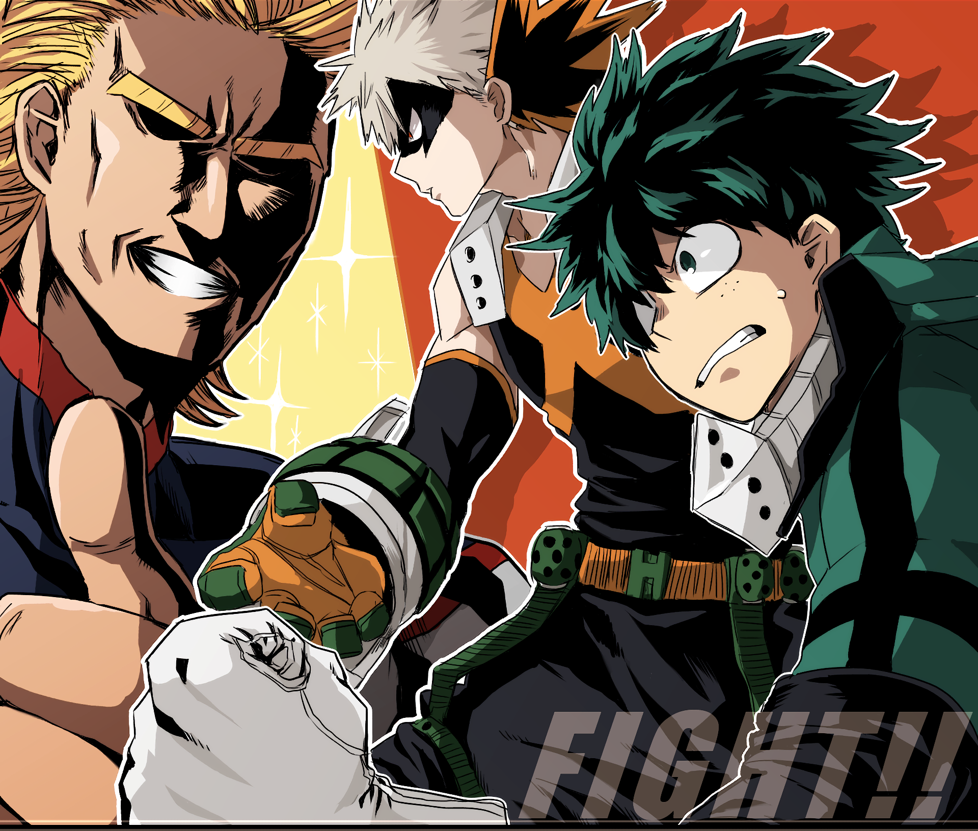 An HD desktop wallpaper featuring Katsuki Bakugou, All Might, and Izuku Midoriya from the anime My Hero Academia, showcasing their dynamic poses and intense expressions.