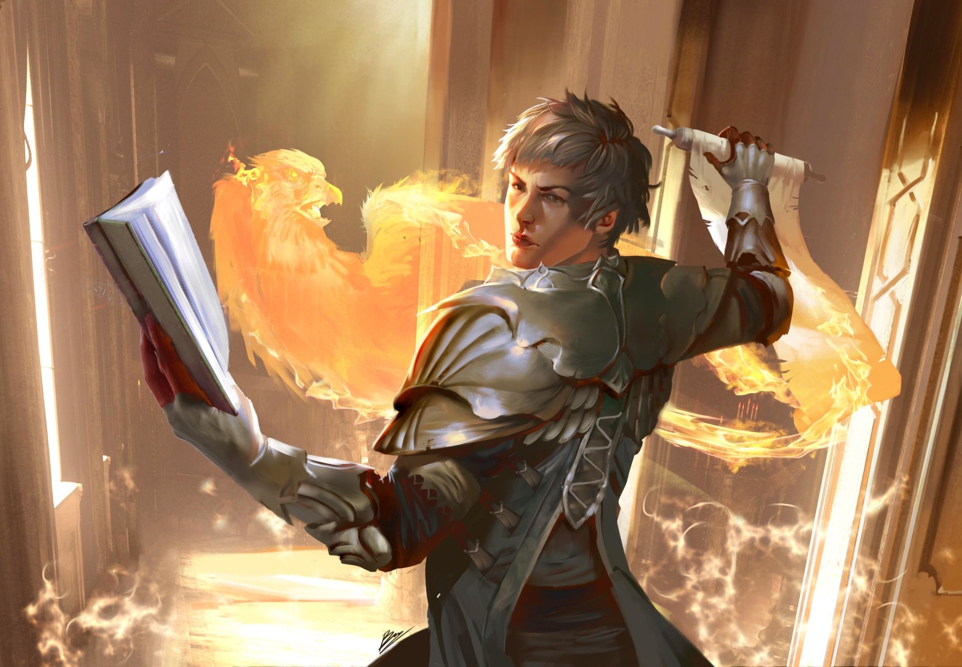 A mage clad in armor summons a fiery phoenix from an open book in a dramatic scene from Arena: the Contest. 4K Ultra HD PC desktop wallpaper.